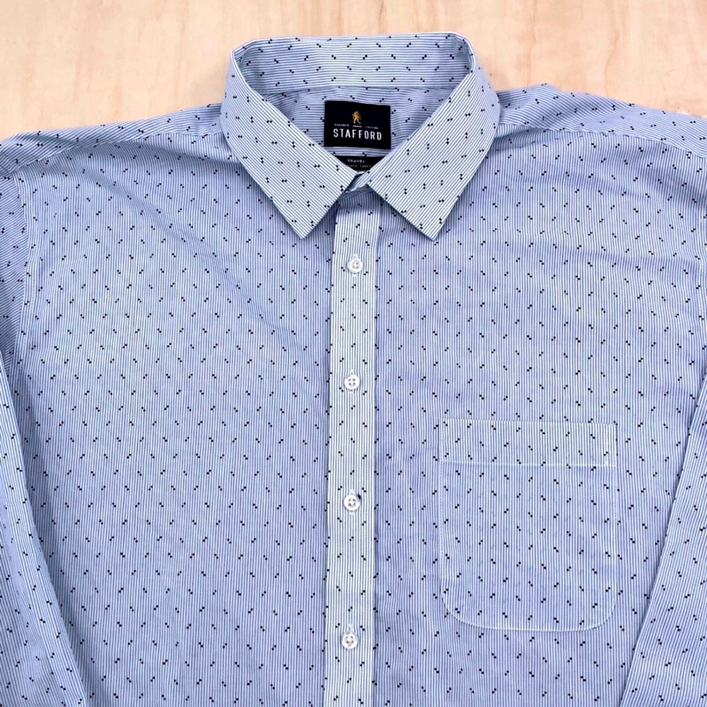 Stafford Button Down Mens 18 36-37 Blue Geometric Travel Performance X-Tall Fit